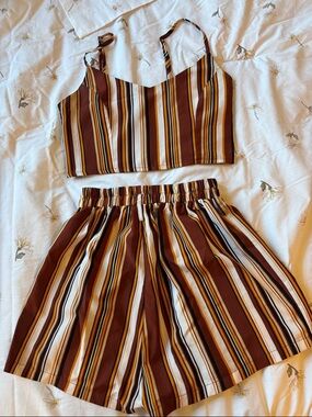 Striped Two-Piece Crop Top & Shorts Set - Brown Multi